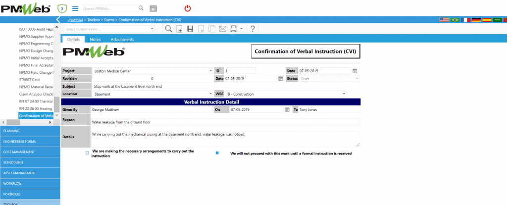 PMWeb 7 Toolbox Forms Confirmation of Verbal Instruction