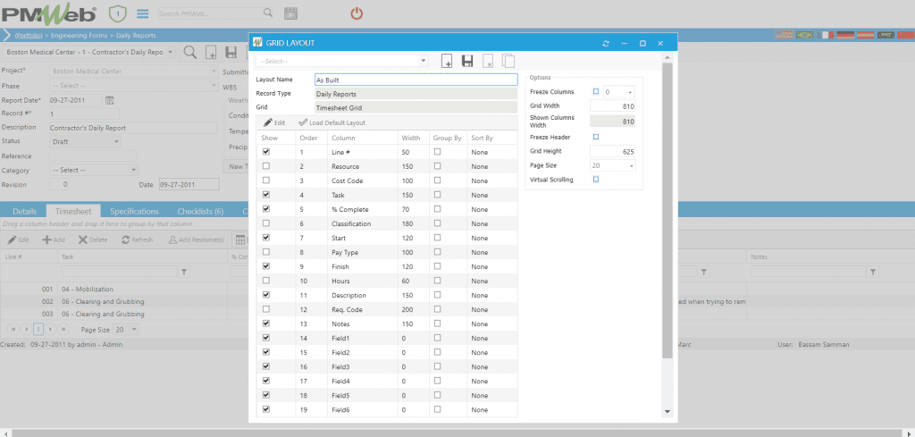 PMWeb 7 Engineering Forms Daily Reports Grid Layout
