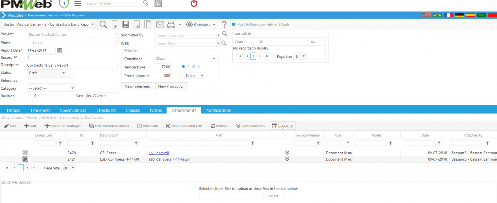 PMWeb 7 Engineering Forms Daily Reports