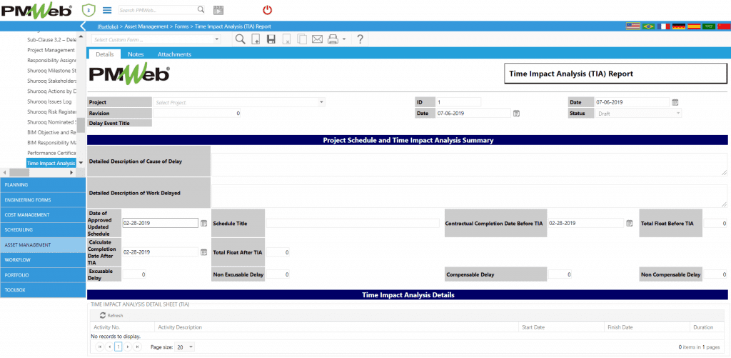 PMWeb7 Assets Management Forms Time Impact Analysis (TIA) Report