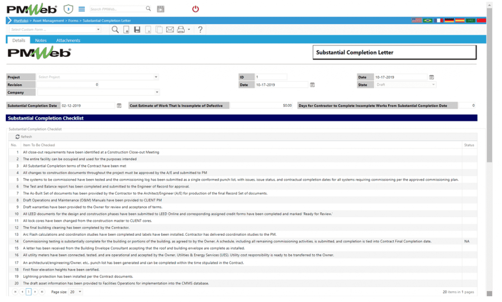 PMWeb 7 Asset Managment Forms Substantial Completion Letter