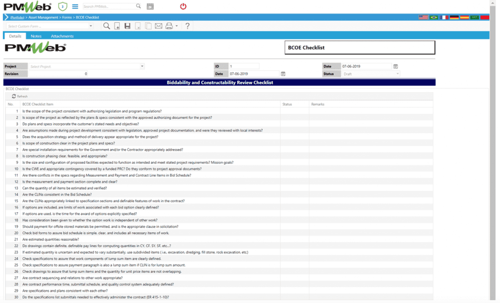 PMWeb 7 Asset Managment Forms BCOE Checklist