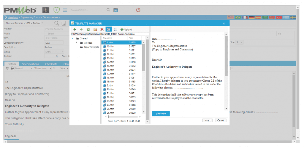 PMWeb Engineering Forms Correspondence Template Manager