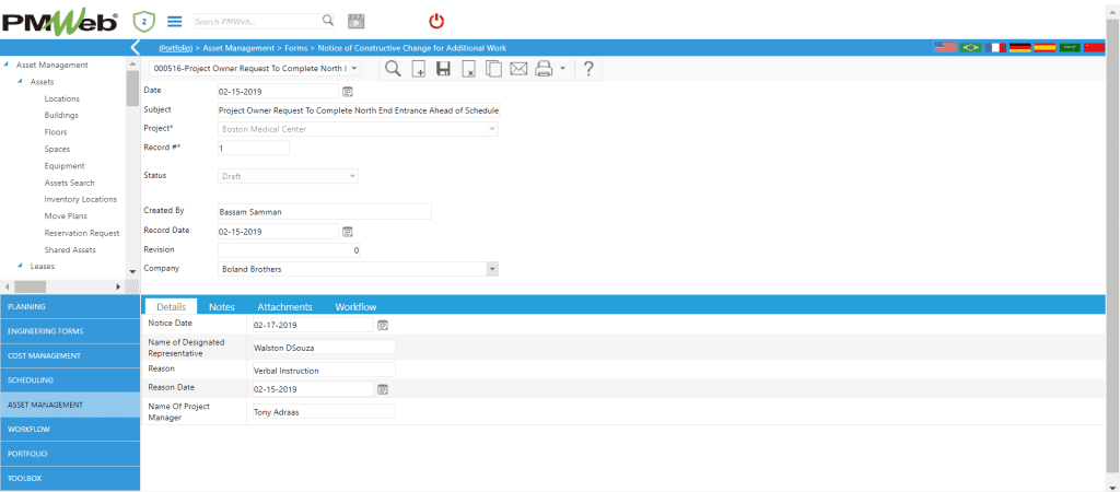PMWeb 7 Asset Managment Forms Notices of Constructive Change for Additional Work