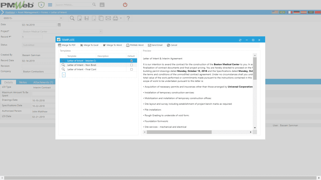 PMWeb 7 Asset Managment Forms Letter of Intent Template
