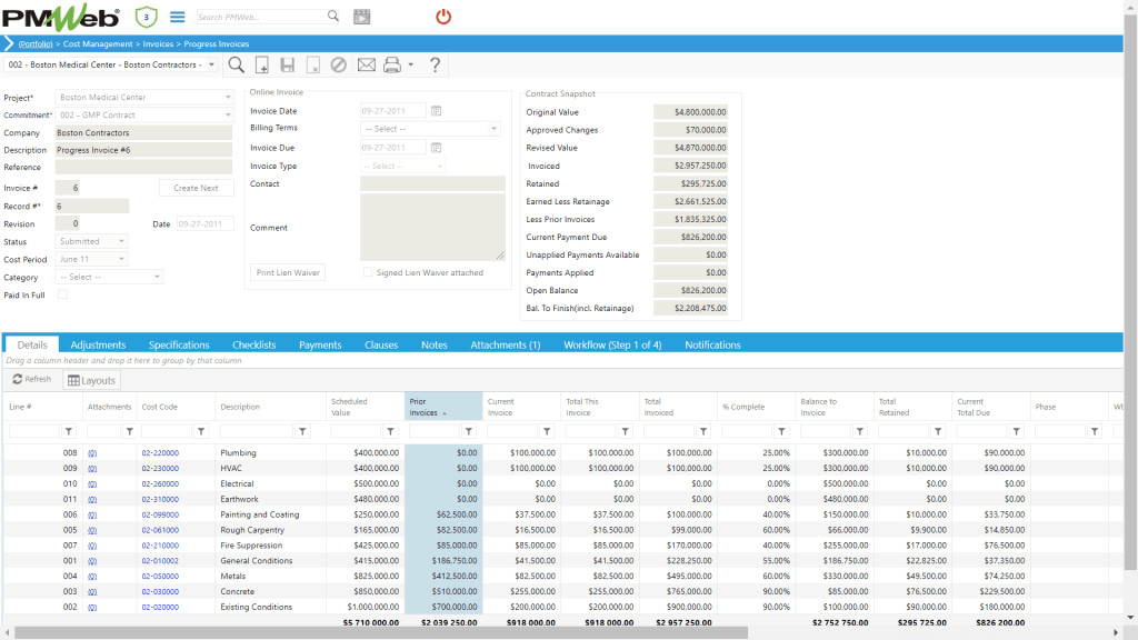 PMWeb 7 Cost Managment Invoices Progress Invoices