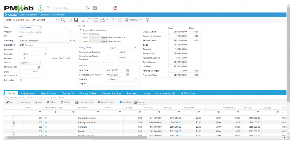 PMWeb 7 Cost Managment Contract Commitments