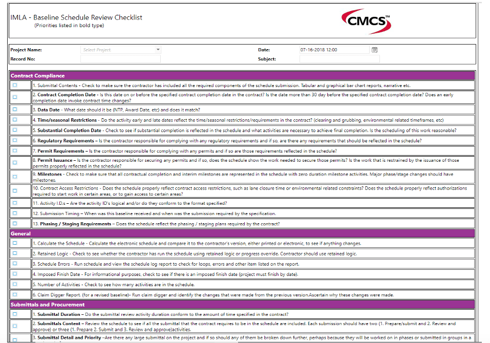 PMWeb 7 Baseline Schedule Review Checklist