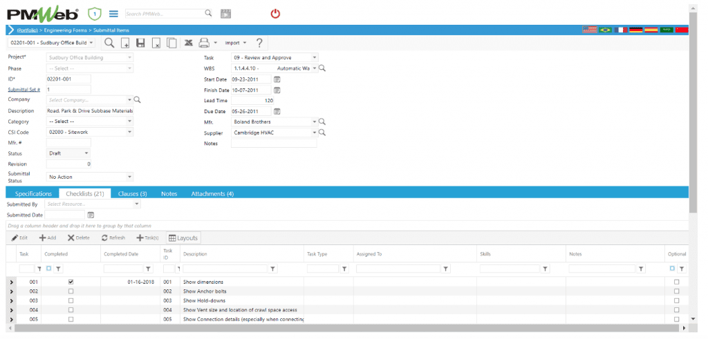 PMWeb 7 Engineering Forms Submittals Items