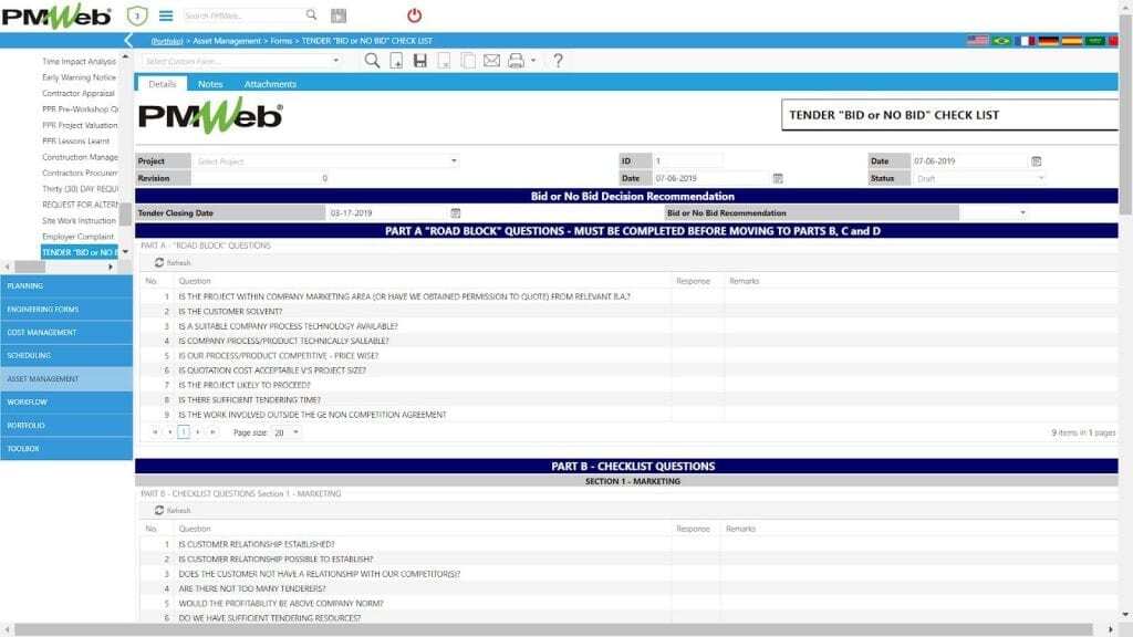 PMWeb 7 Asset Managment Forms Tender Bid or no Bid Checklist