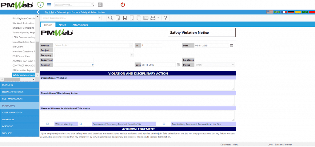 PMWeb 7 Scheduling Forms Safety Violation Notice