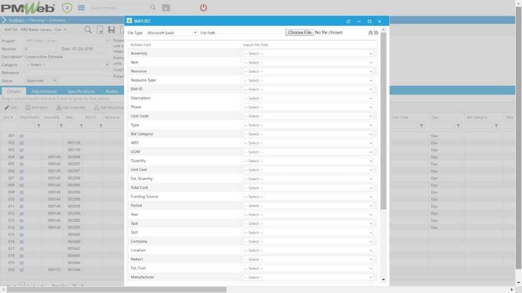 PMWeb 7 Planning Estimates Import