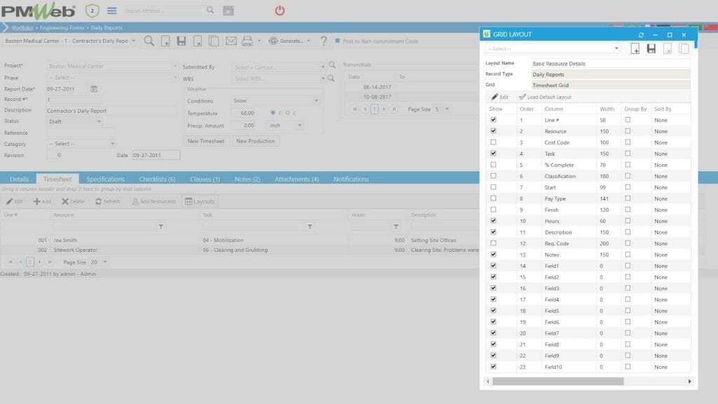 PMWeb 7 Engineering Forms Daily Reports Grid layout