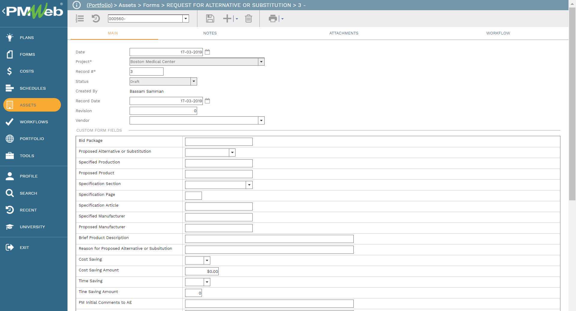 PMWeb 7 Assets Forms Request For alternative or Substitution
Main