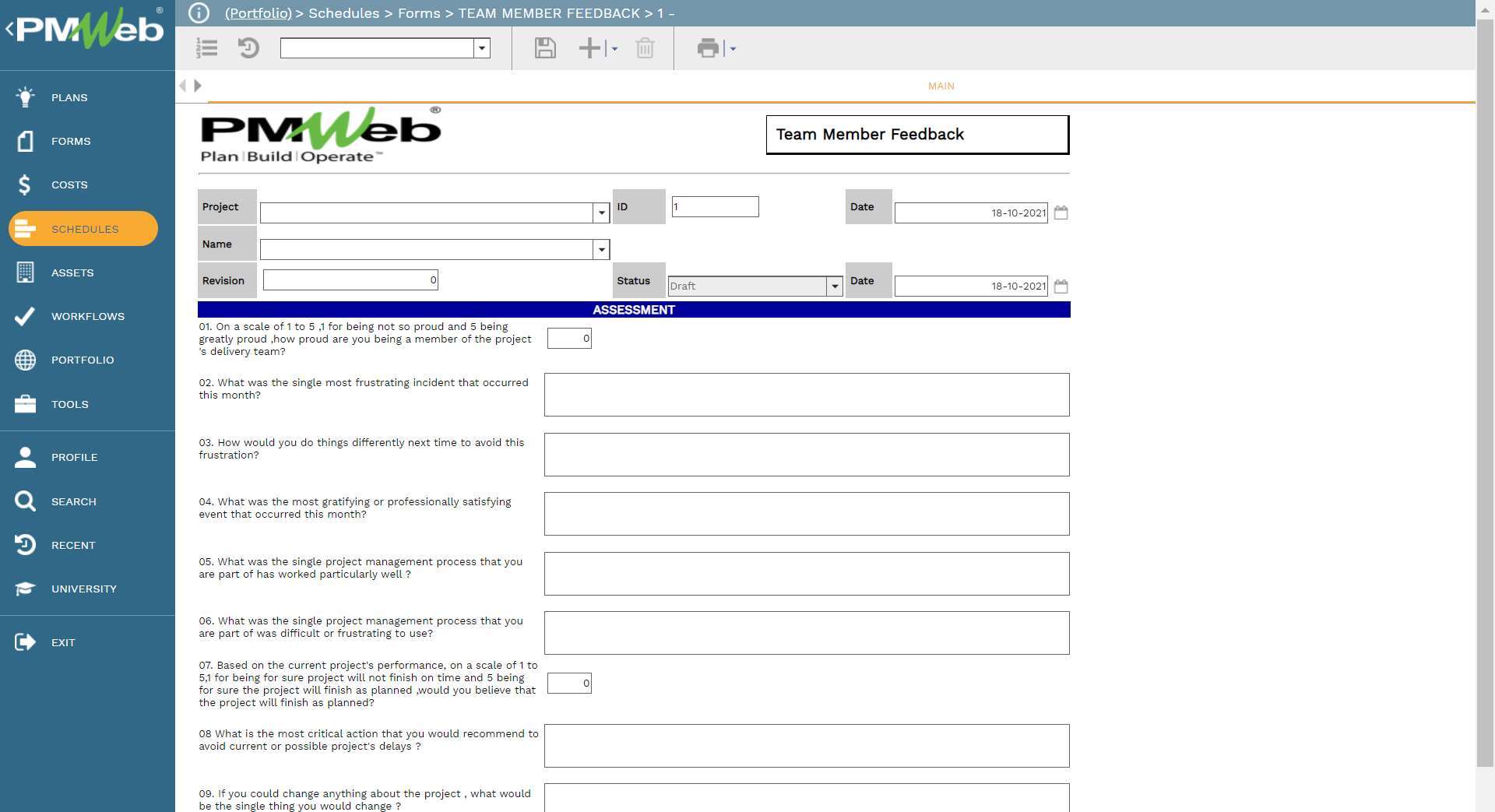 PMWeb 7 Schedules Forms Team Member Feedback
Main