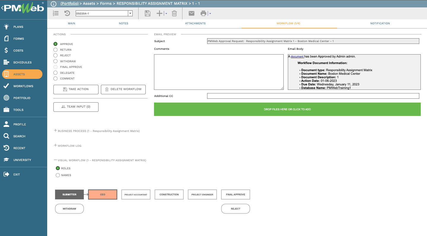 PMWeb7 Assets Forms Responsibility Assignment Matrix
Workflow