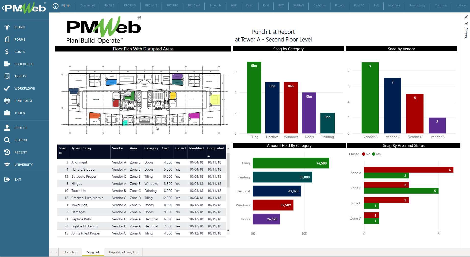 PMWeb 7 Punch List Report at Tower A - SecondFloor Level