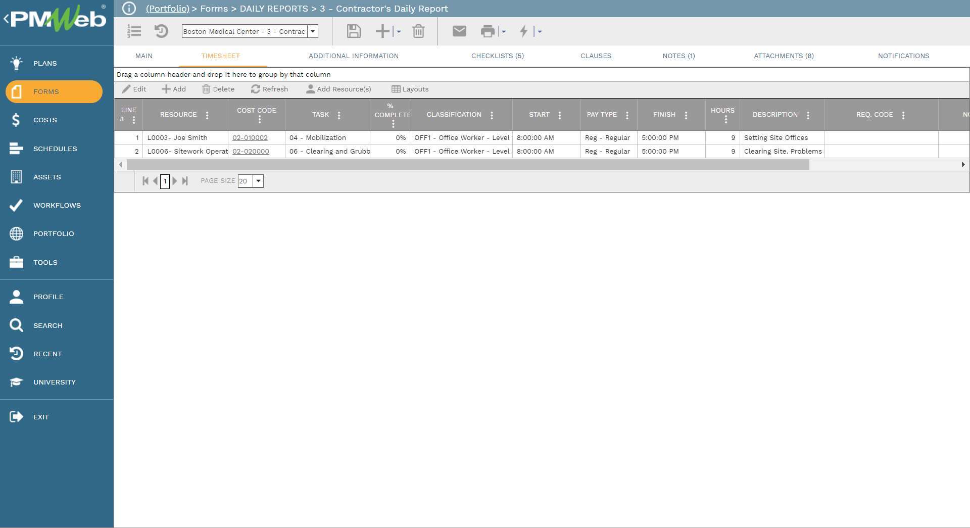 PMWeb 7 Forms Daily Reports Contractor Report
Timesheet