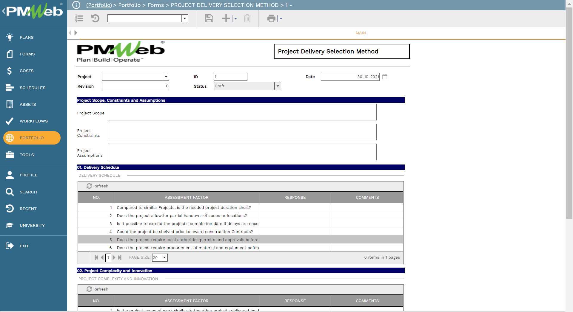 PMWeb 7 Portfolio Forms Project Delivery Selection Method 
Main