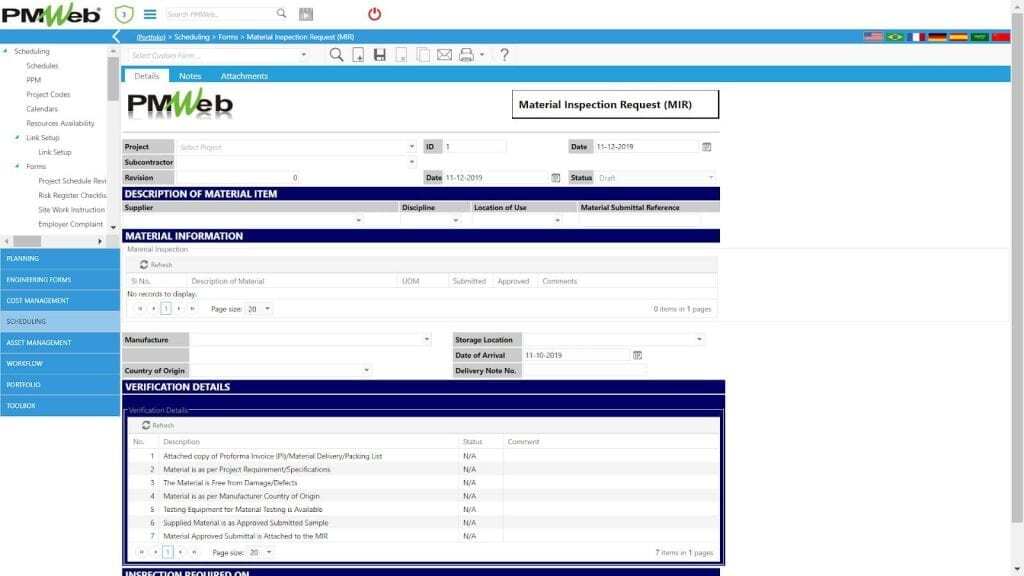 PMWeb 7 Scheduling Forms Material Inspection Request Details