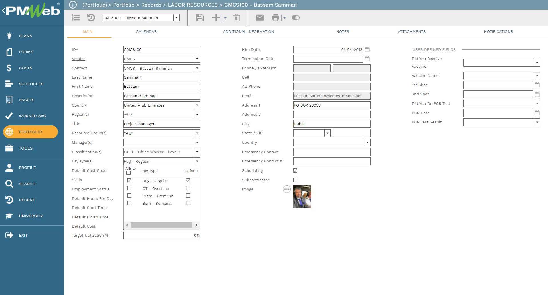 PMWeb 7 Portfolio Records Labor Resources CMCs100 Bassam Samman
Main