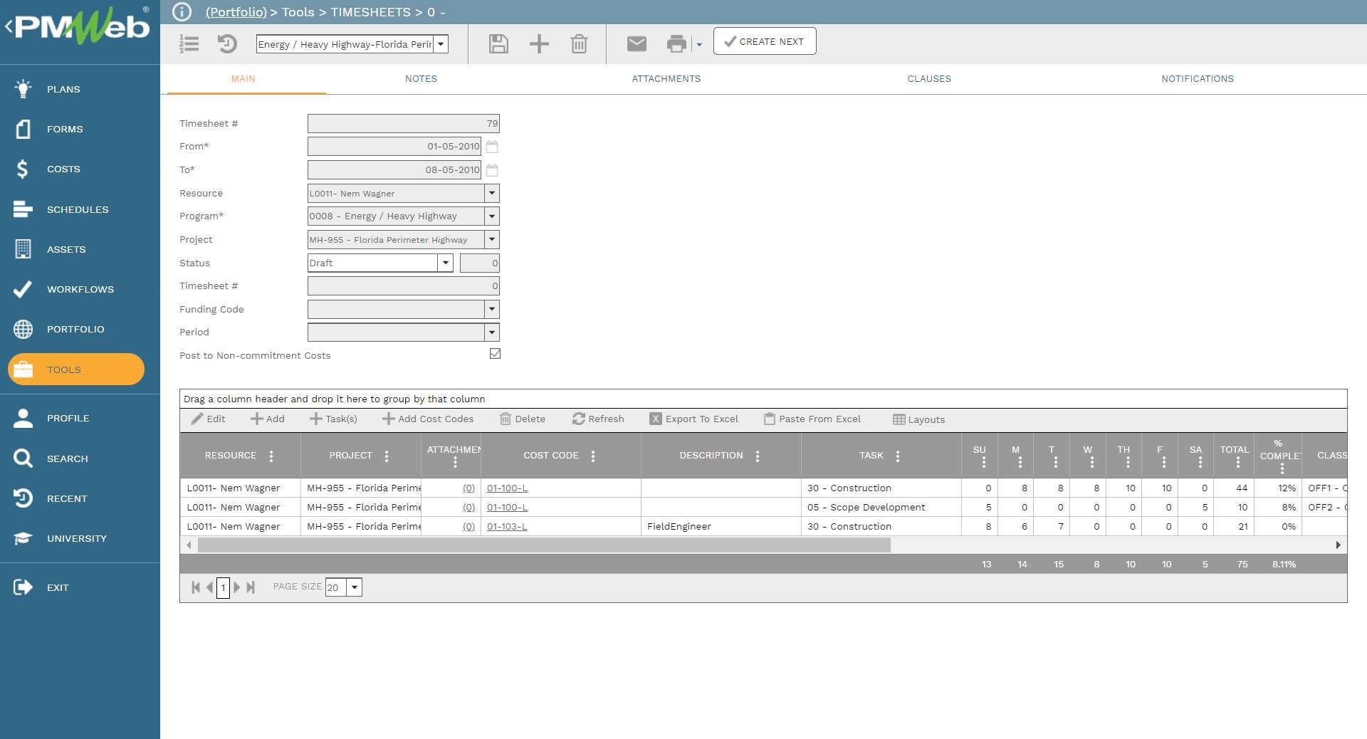 PMWeb 7 Tools Timesheets
Main