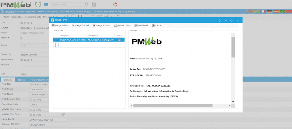 PMWeb 7 Asset Managment Forms NOC DEWA Construction General Projects Template