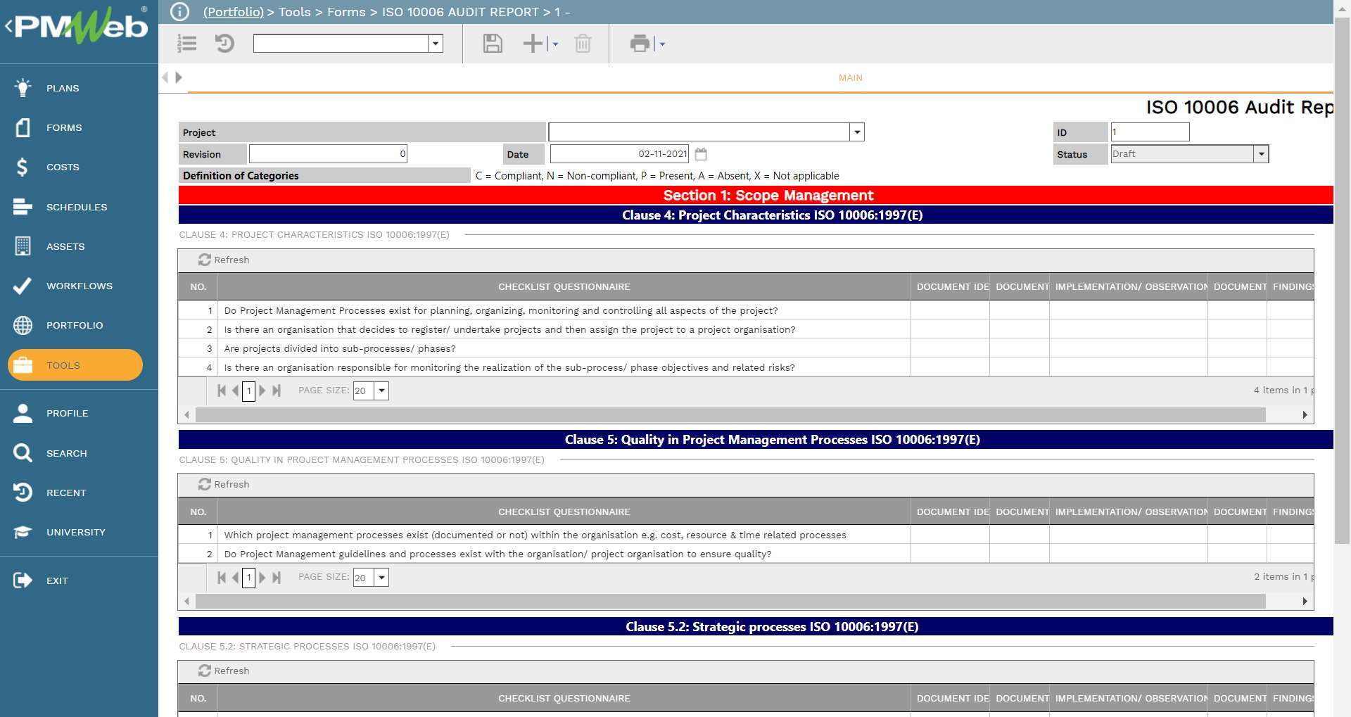 PMWeb 7 Tools Forms ISO 10006 Audit Report