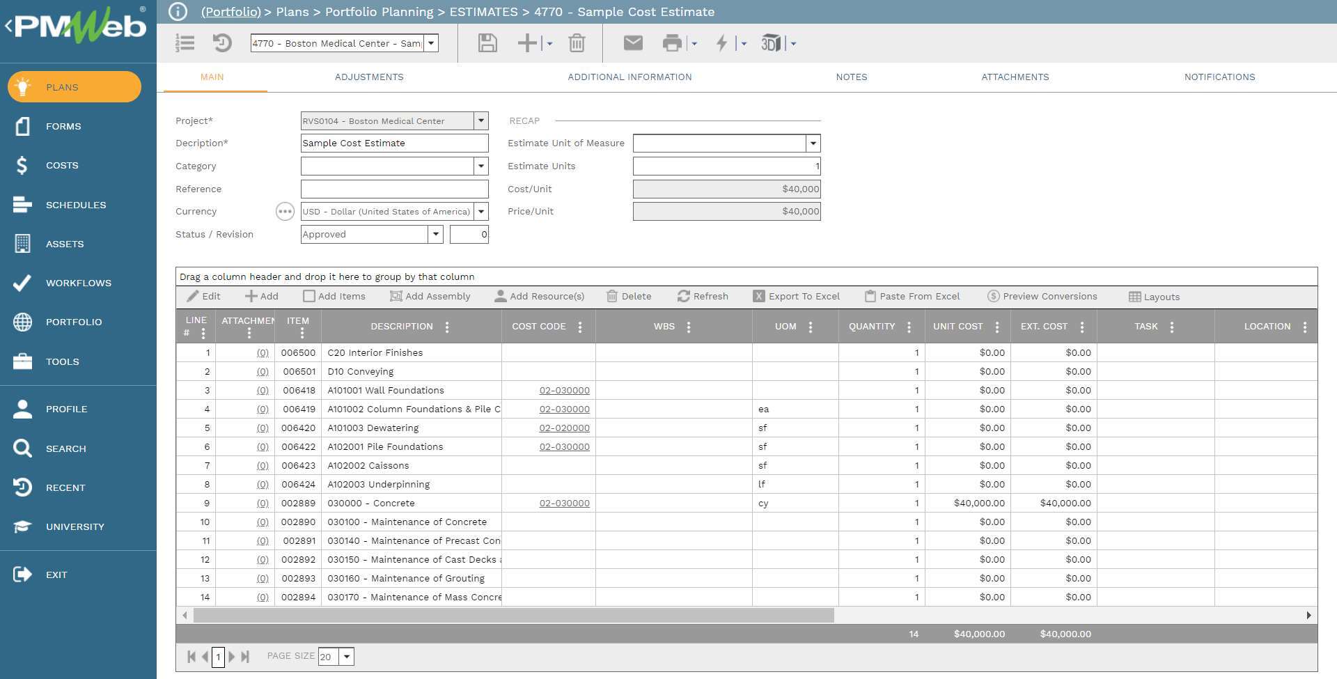PMWeb 7 Plans Portfolio Planning Estimates Sample Cost Estimate
Main