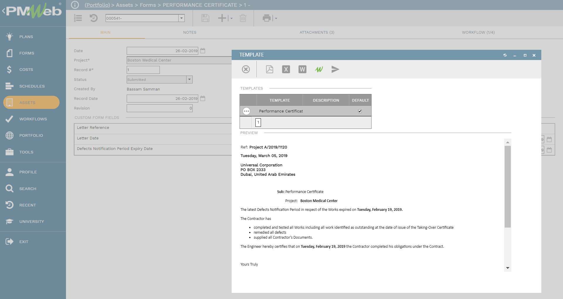 PMWeb 7 Assets Forms Performance Certificate
Main
Template