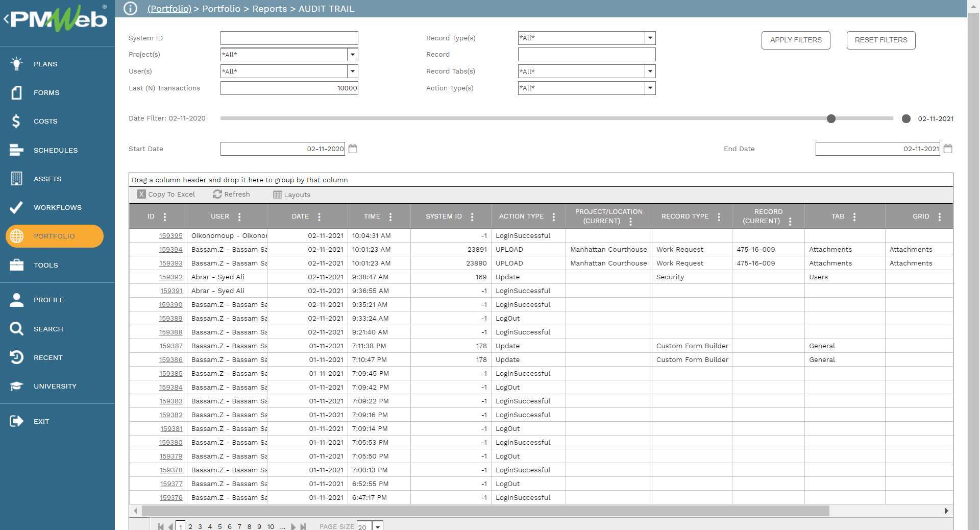 PMWeb 7 Portfolio Reports Audit Trail