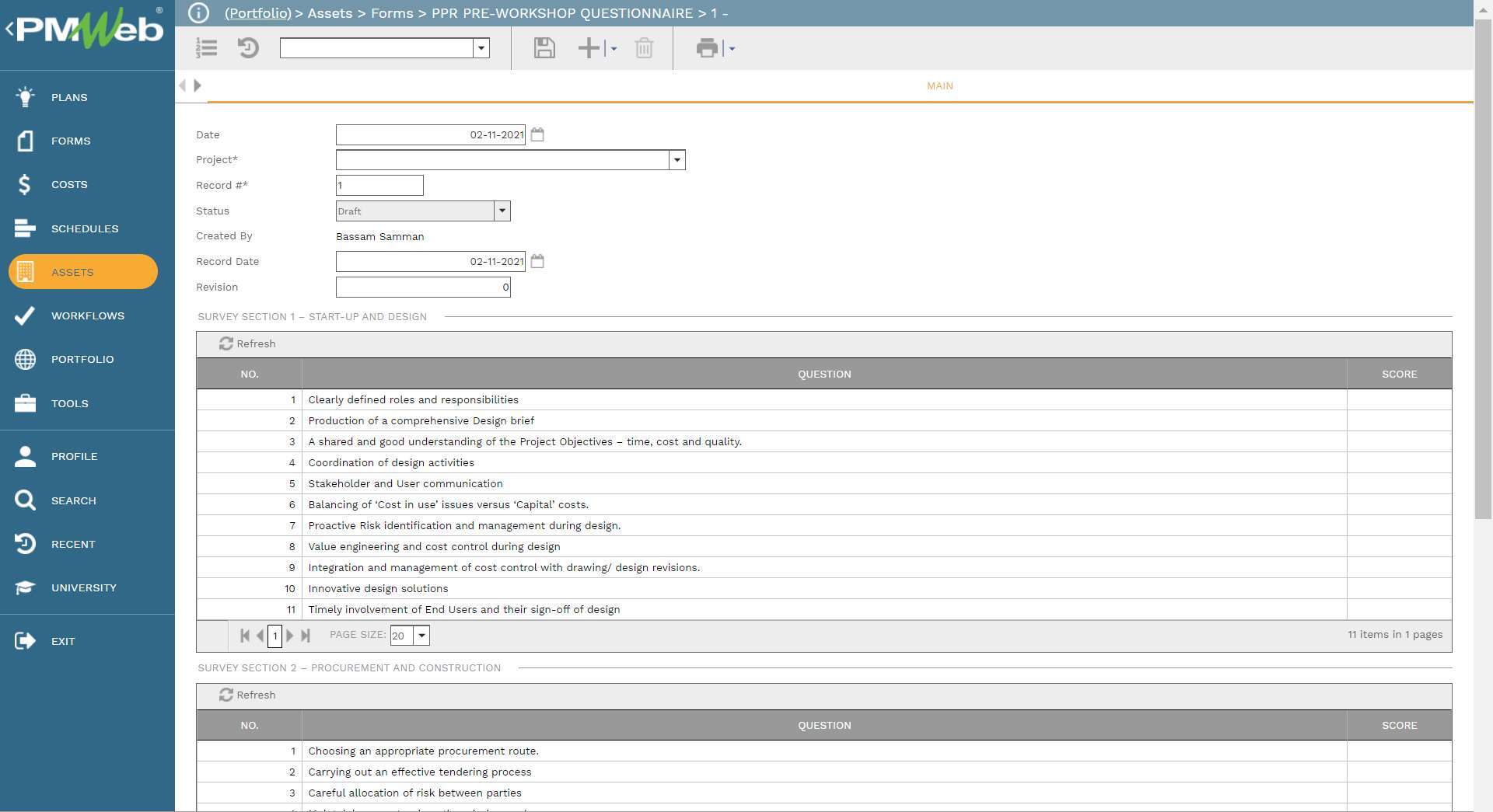 PMWeb 7 Assets Forms PPR Pre-Workshop Questionnaire 
Main