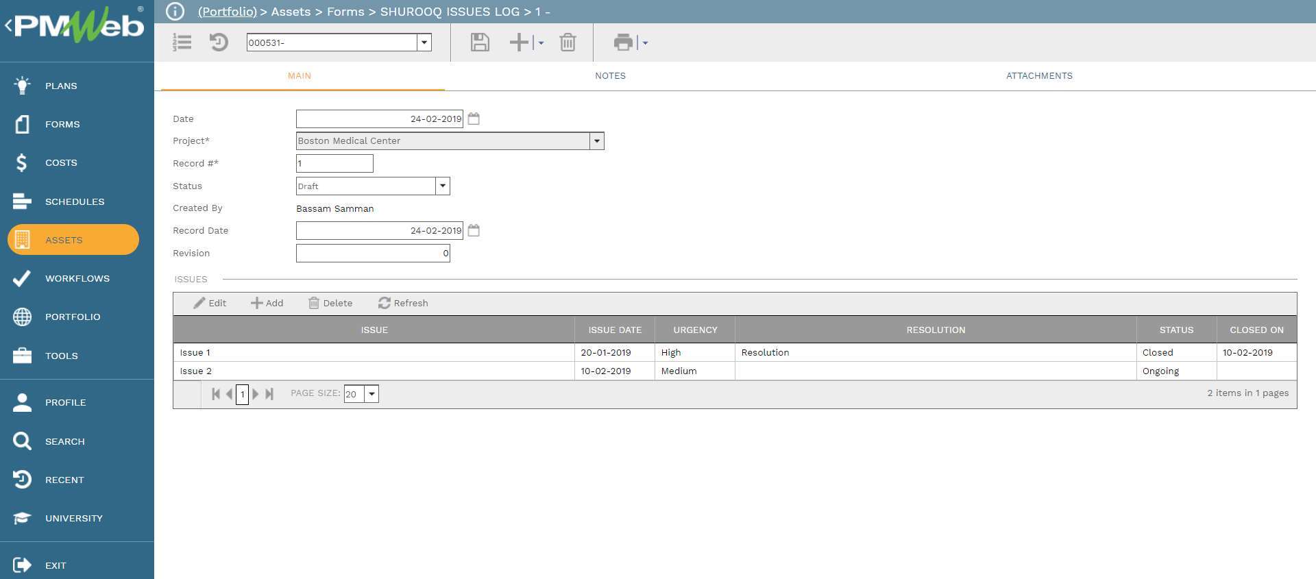 PMWeb 7 Assets Forms SHUROOQ Issues Log 1
Main