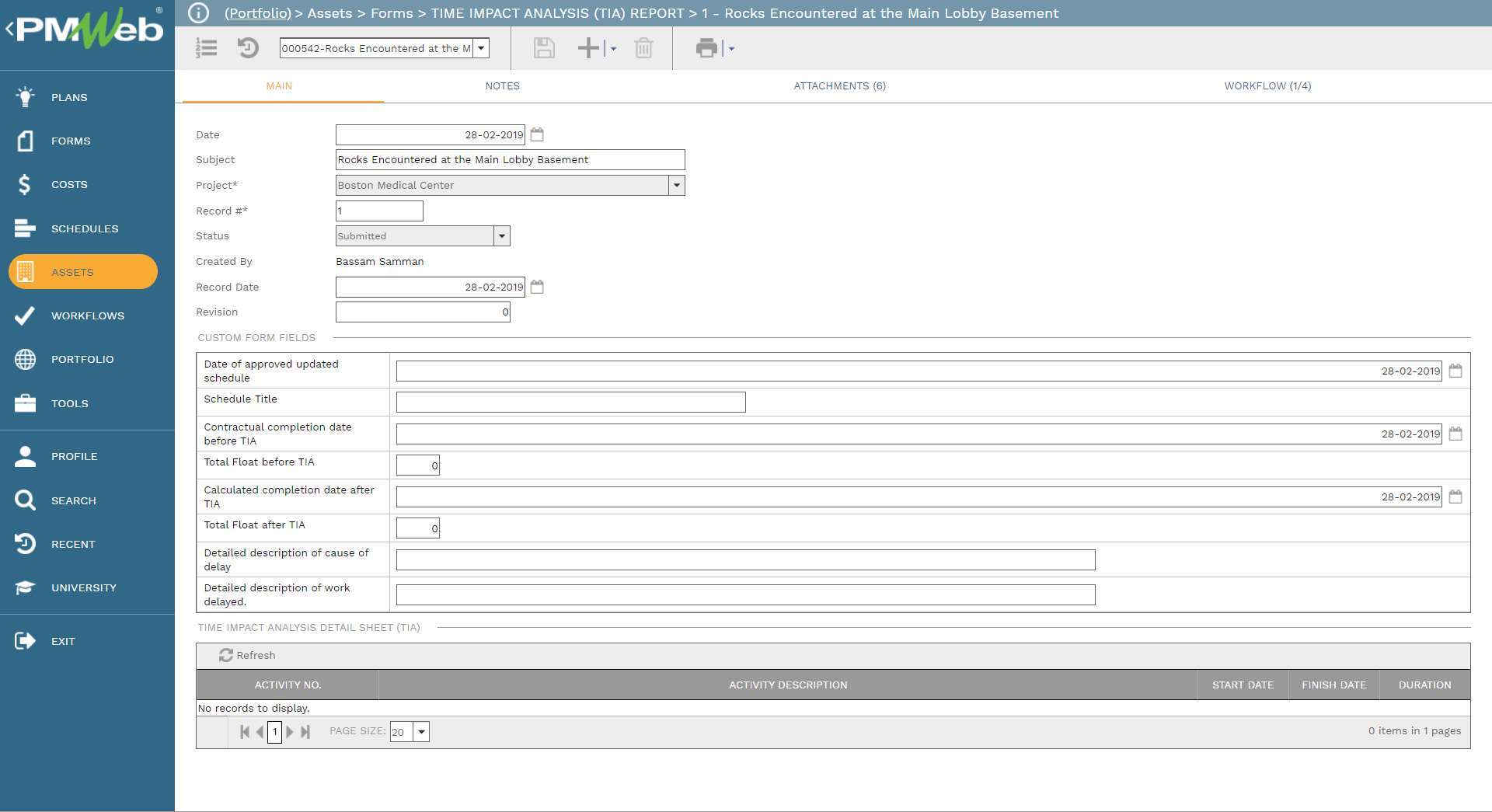 PMWeb 7 Assets Forms Time Impact Analysis (TIA) Report 1 Rocks Encountered At The Main Lobby Basement
Main