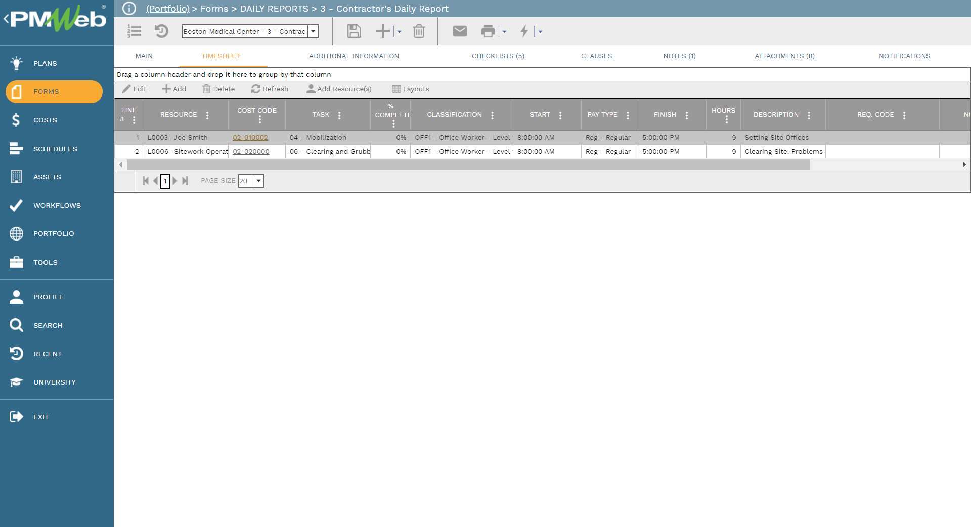 PMWeb 7 Forms Daily Reports Contractor's Daily Report
Timesheet