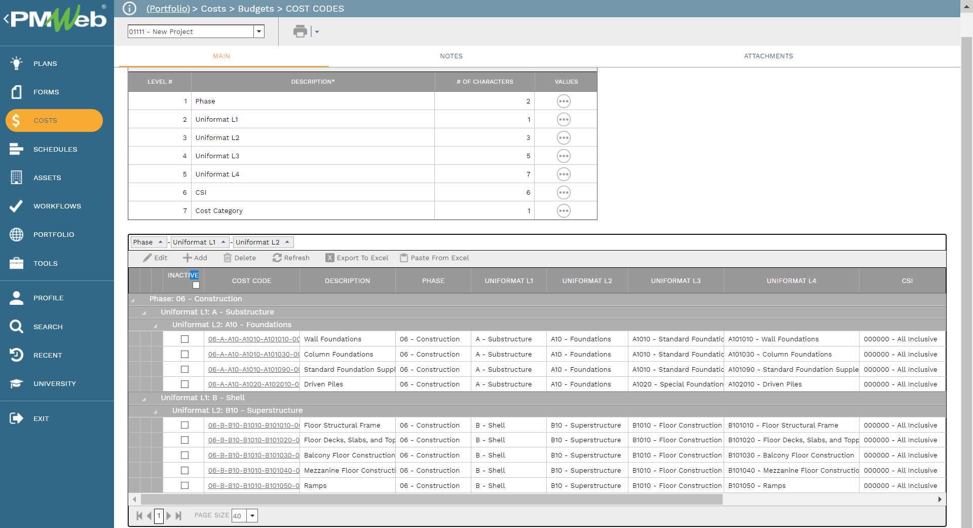 PMWeb 7 Costs Budget Cost Code
Main