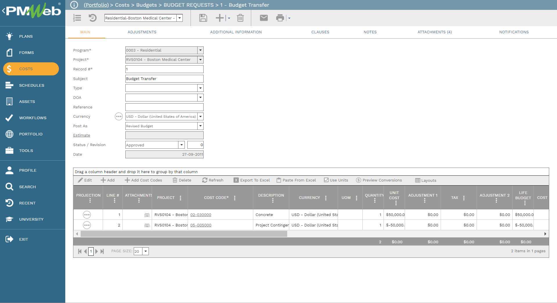 PMWeb 7 Costs Budget Budgets Requests 1 Budget Transfer
Main