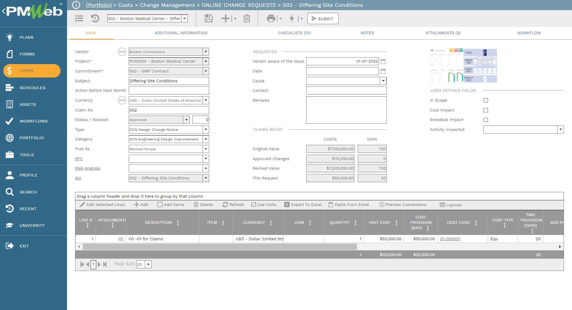 PMWeb 7 Costs Change Managment Online Change Request 002 Differing Site Conditions
Main