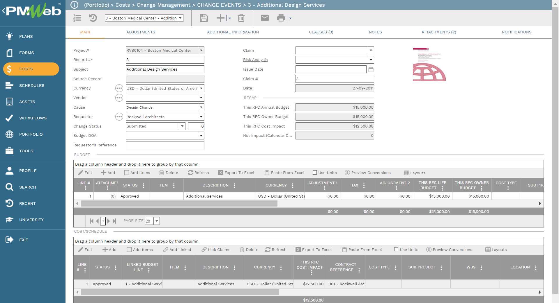 PMWeb 7 Costs Change Managment Change Events 3 Additional Design Services
Main