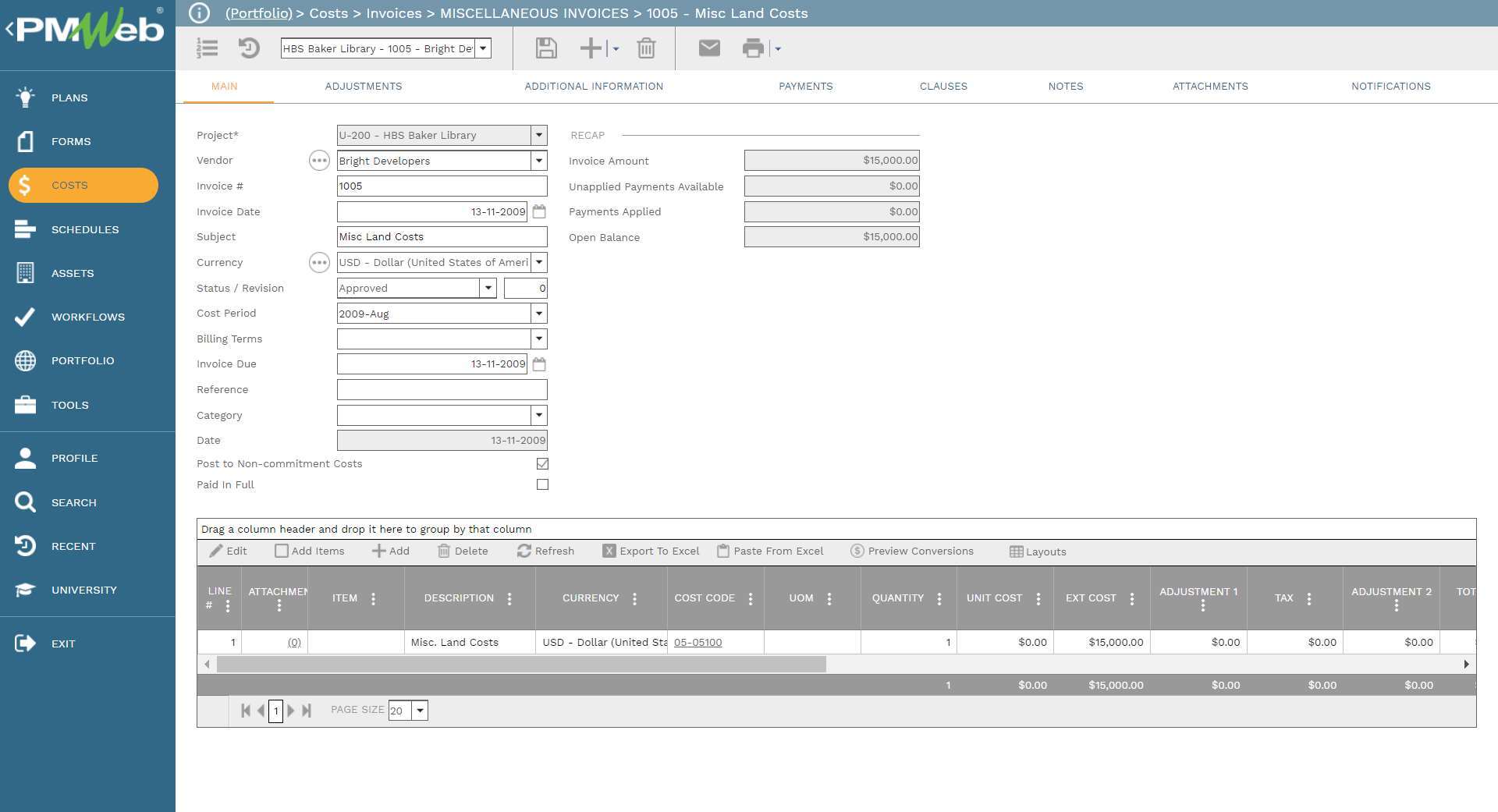 PMWeb 7 Costs Invoices Miscellaneous Invoices 1005 Misc Land Costs
Main
