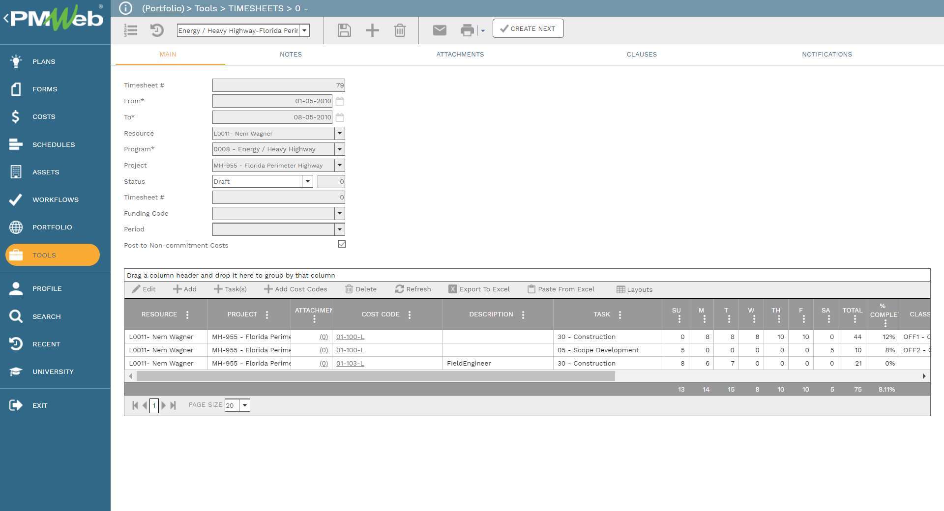PMWeb 7 Tools Timesheets
Main