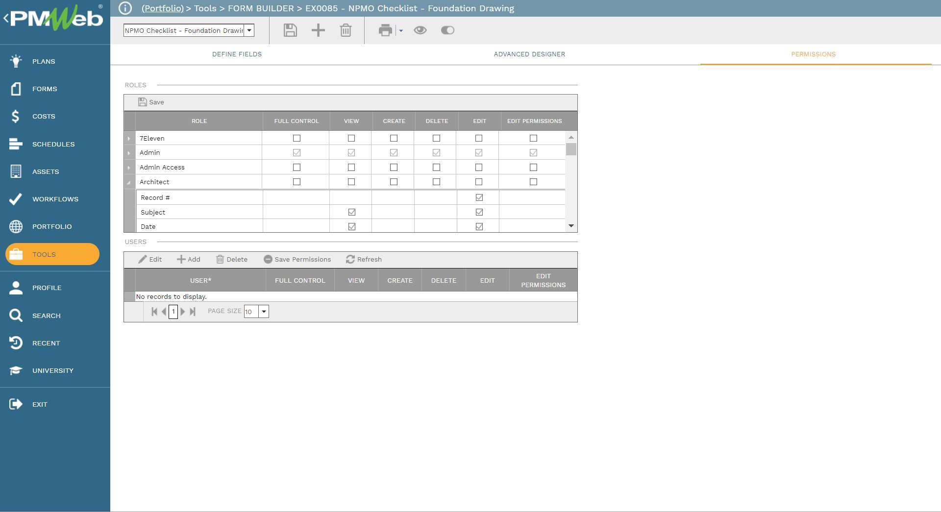 PMWeb 7 Tools Forms Builder EX0085 NPMO Checklist Foundation Drawing
Permission