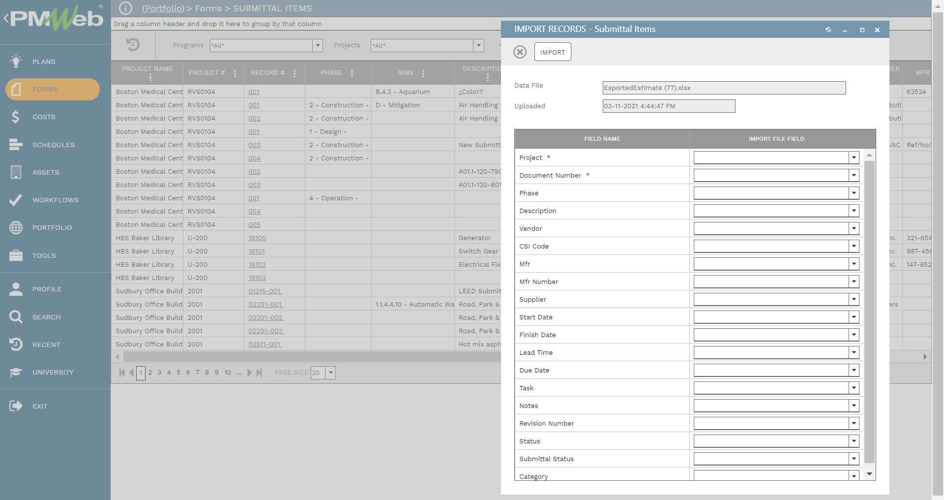 PMWeb 7 Forms Submittal Items Import Records Submittal Items