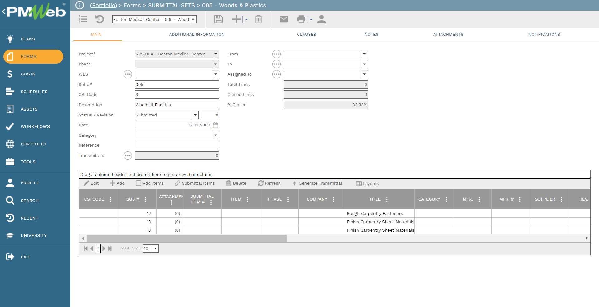 PMWeb 7 Forms Submittal Items 005 Woods & Plastics
Main
