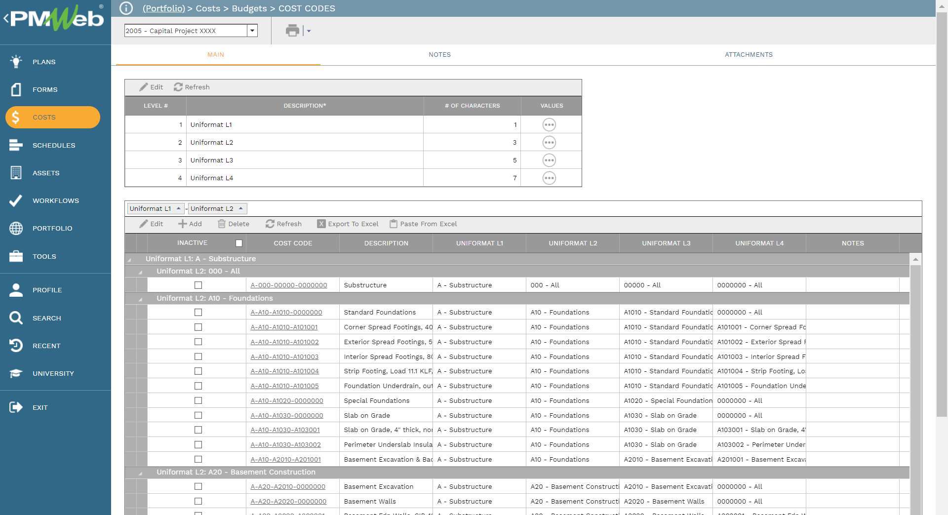 PMWeb 7 Costs Budgets Cost Codes
Main