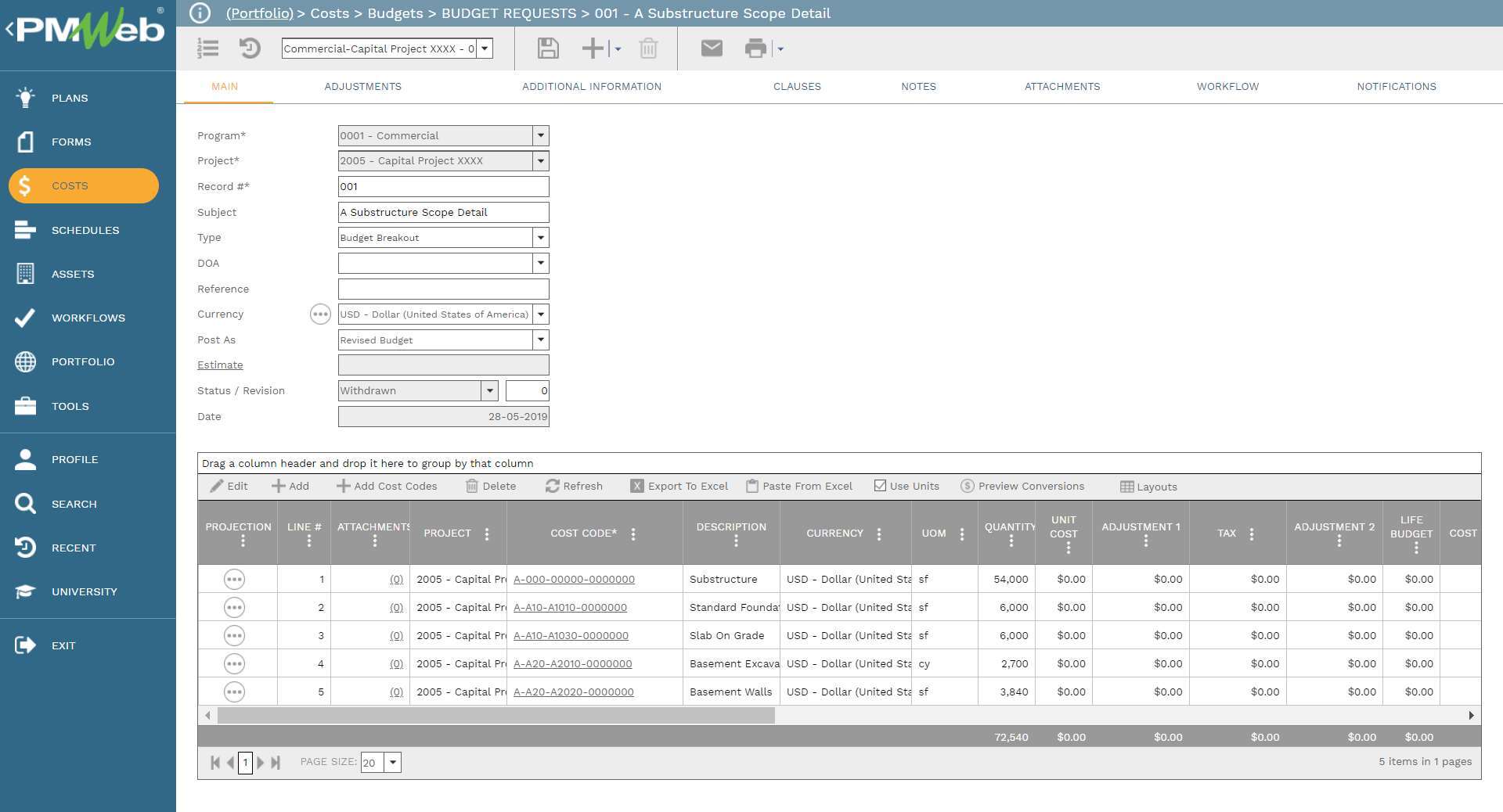 PMWeb 7 Costs Budgets Budgets Budgets Requests 001 A Substructure Scope Detail
Main