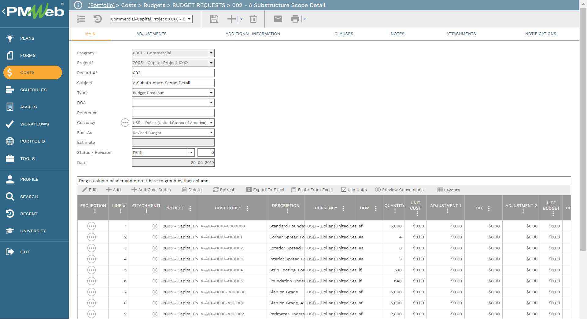 PMWeb 7 Costs Budgets Budgets Budgets Requests 001 A Substructure Scope Detail
Main