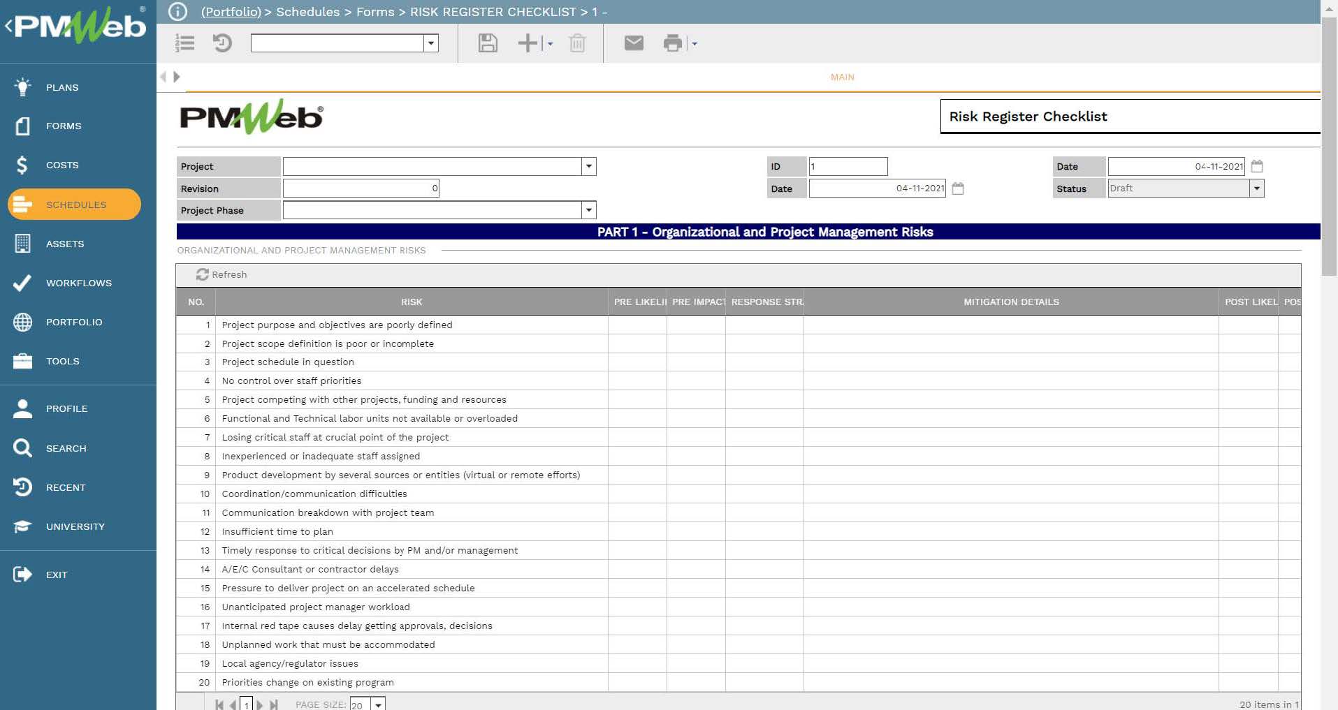 PMWeb 7 Schedules Forms Risk Register Checklist 1
Main