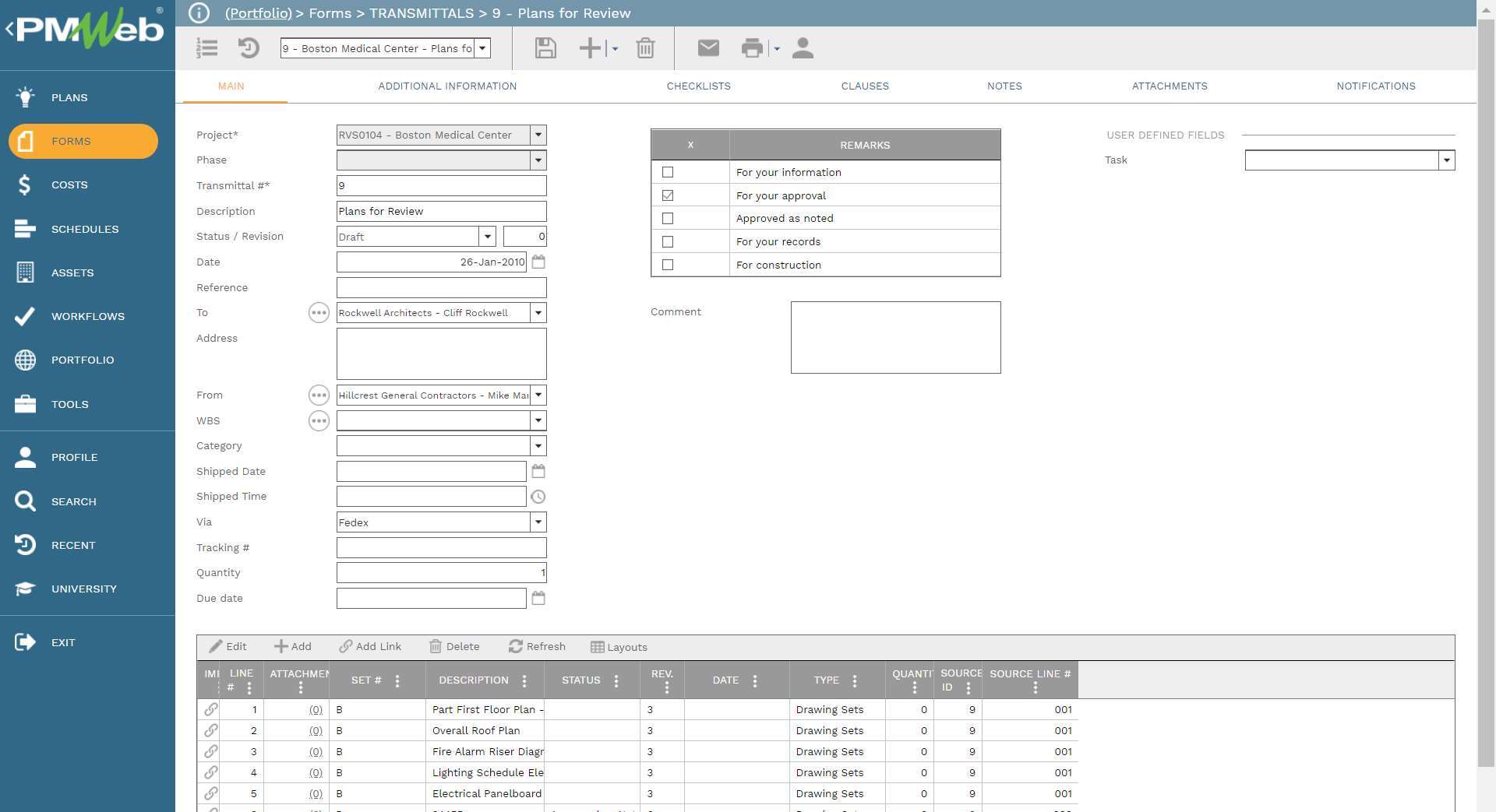 PMWeb 7 Forms Transmittals 9 Plans For Review
Main