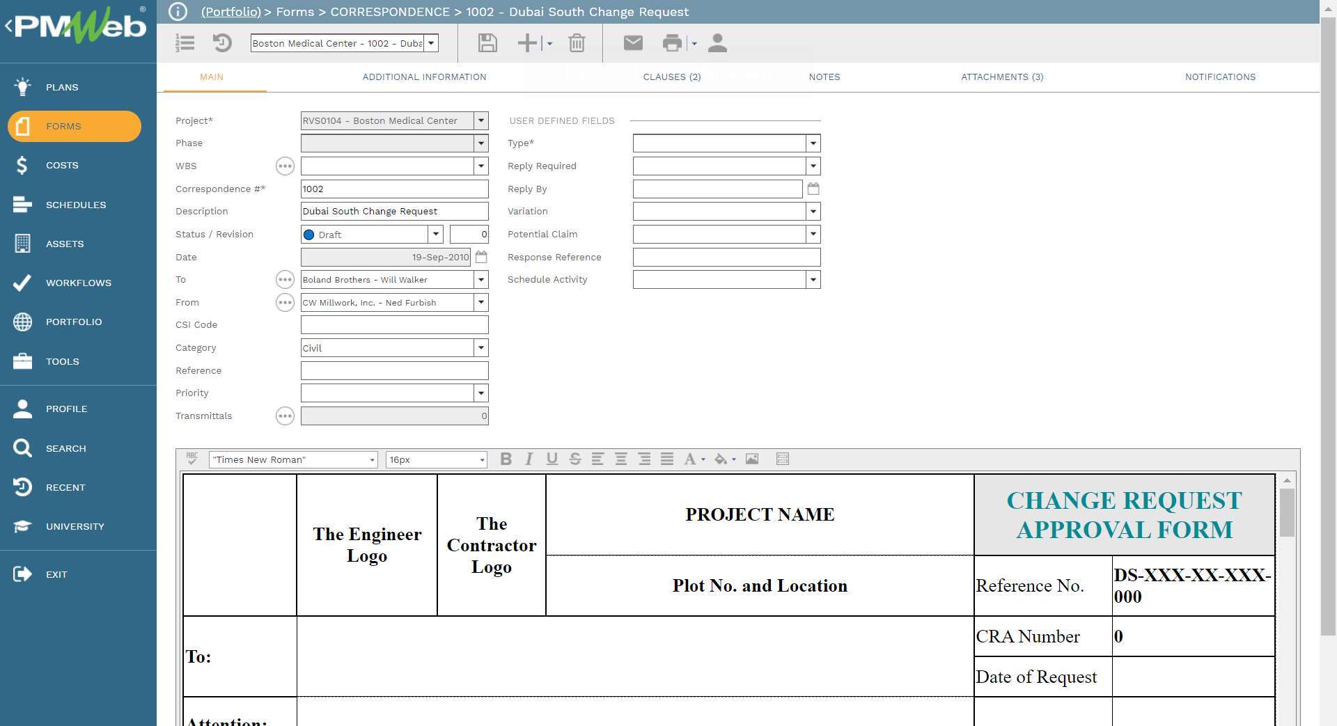 PMWeb 7 Forms Correspondence 1002 Dubai South Change Request
Main